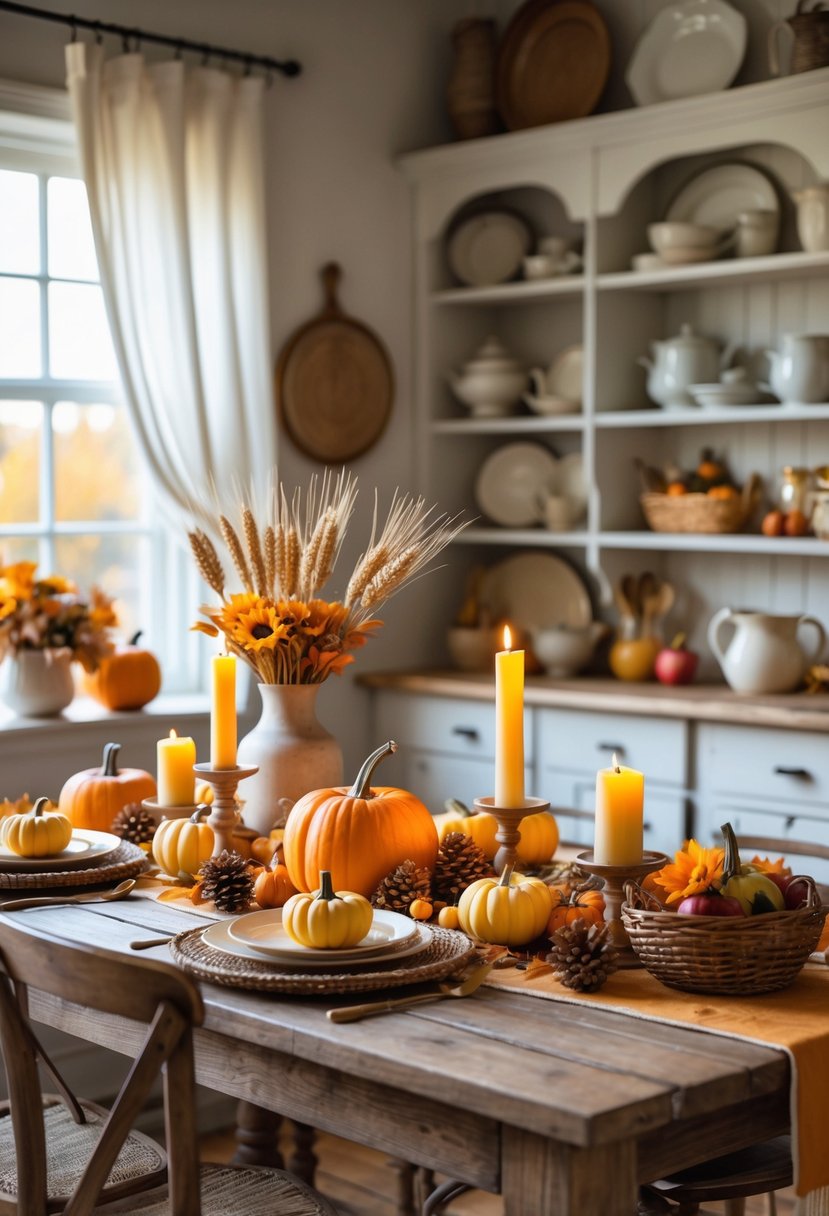 A farmhouse kitchen table decorated with small pumpkins, candles, dried wheat, and autumn flowers, with shelves of kitchenware in the background.