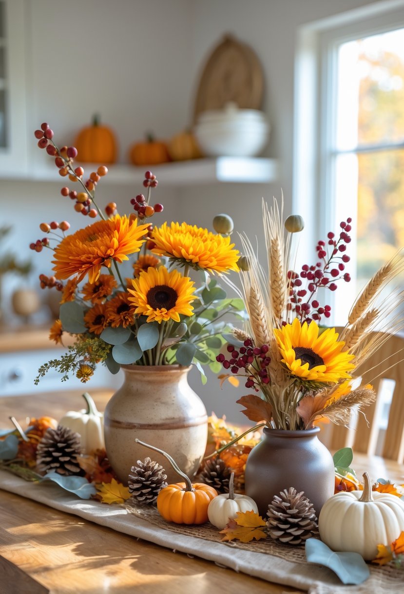 Simple Thanksgiving floral centerpieces with autumn flowers and seasonal decorations arranged on a wooden kitchen table.