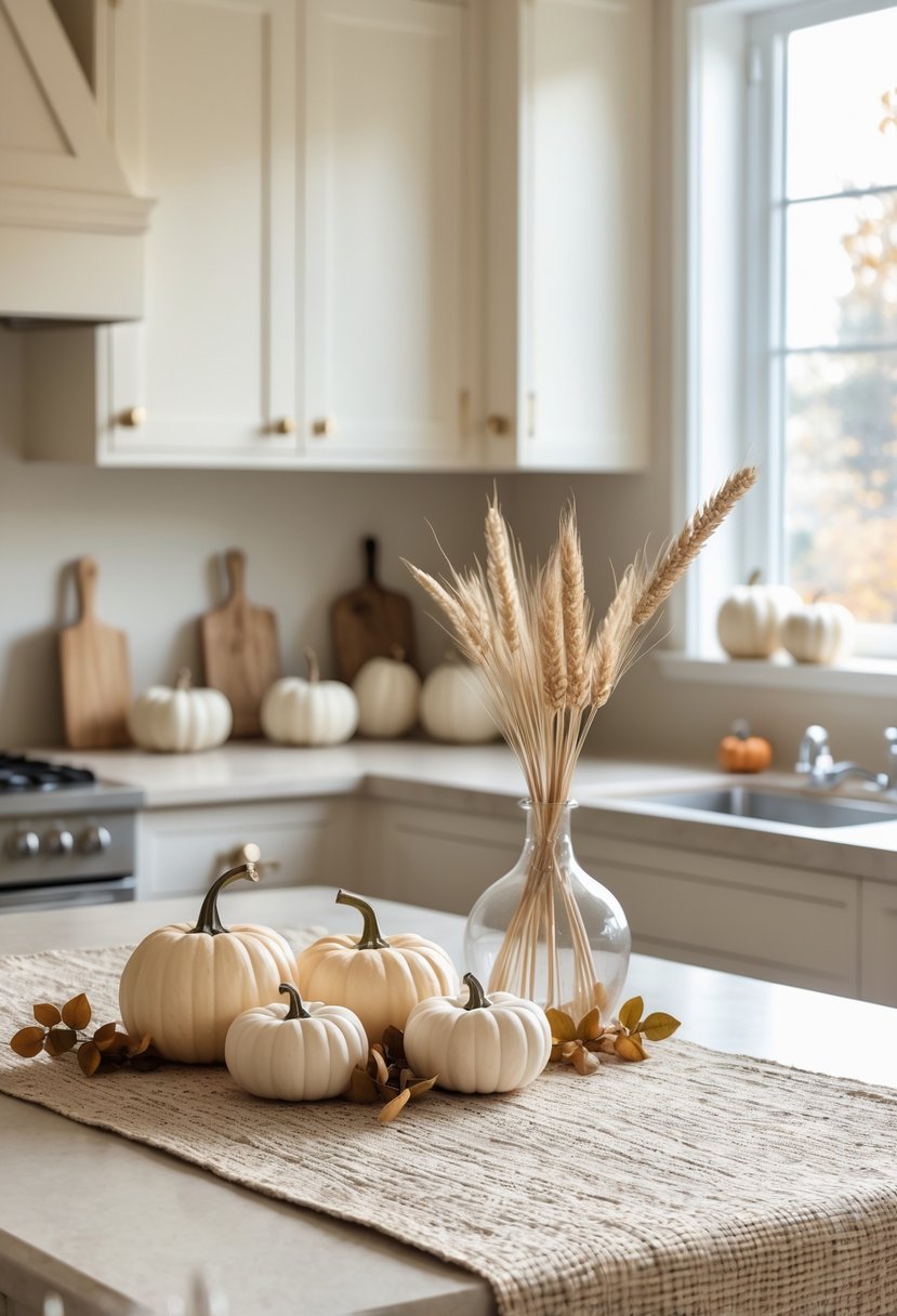 A kitchen island decorated with neutral-toned pumpkins, dried wheat stalks in a glass vase, and eucalyptus sprigs, with light beige cabinetry in the background.