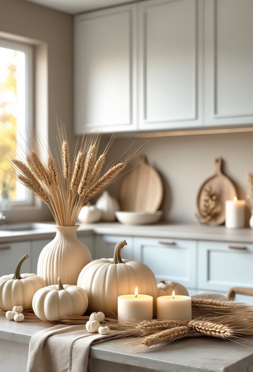 A modern kitchen decorated for Thanksgiving with neutral-toned pumpkins, dried wheat, and candles on the countertop.