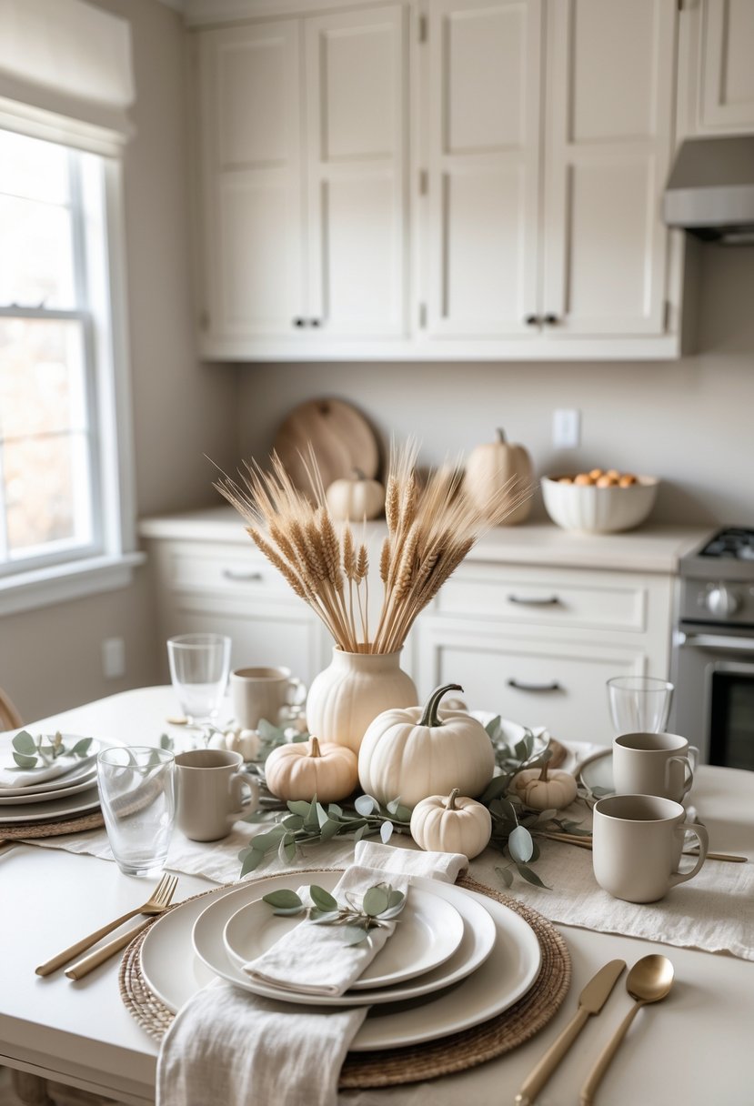 A Thanksgiving table set with neutral-colored plates, napkins, and natural decor including white pumpkins and dried wheat, in a softly lit kitchen.