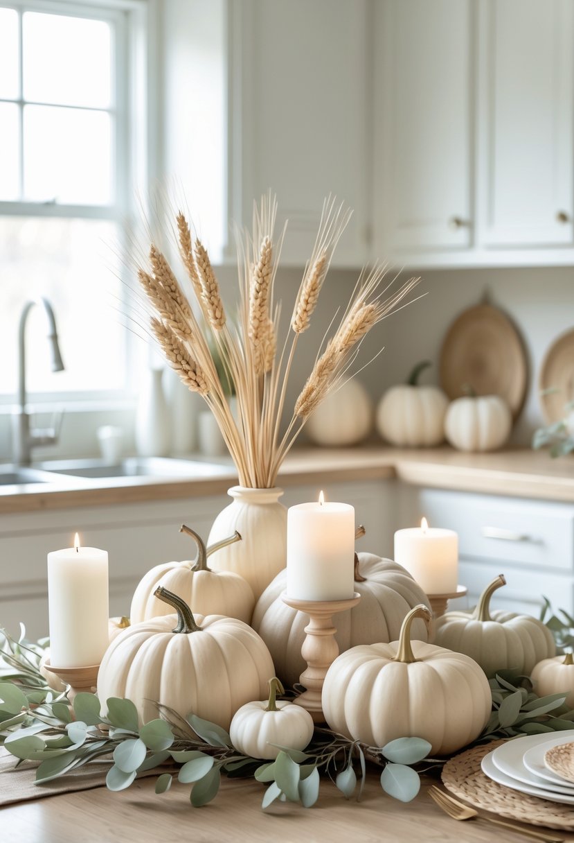 A Thanksgiving kitchen centerpiece with neutral-colored pumpkins, dried wheat, candles, and greenery on a light wood countertop.