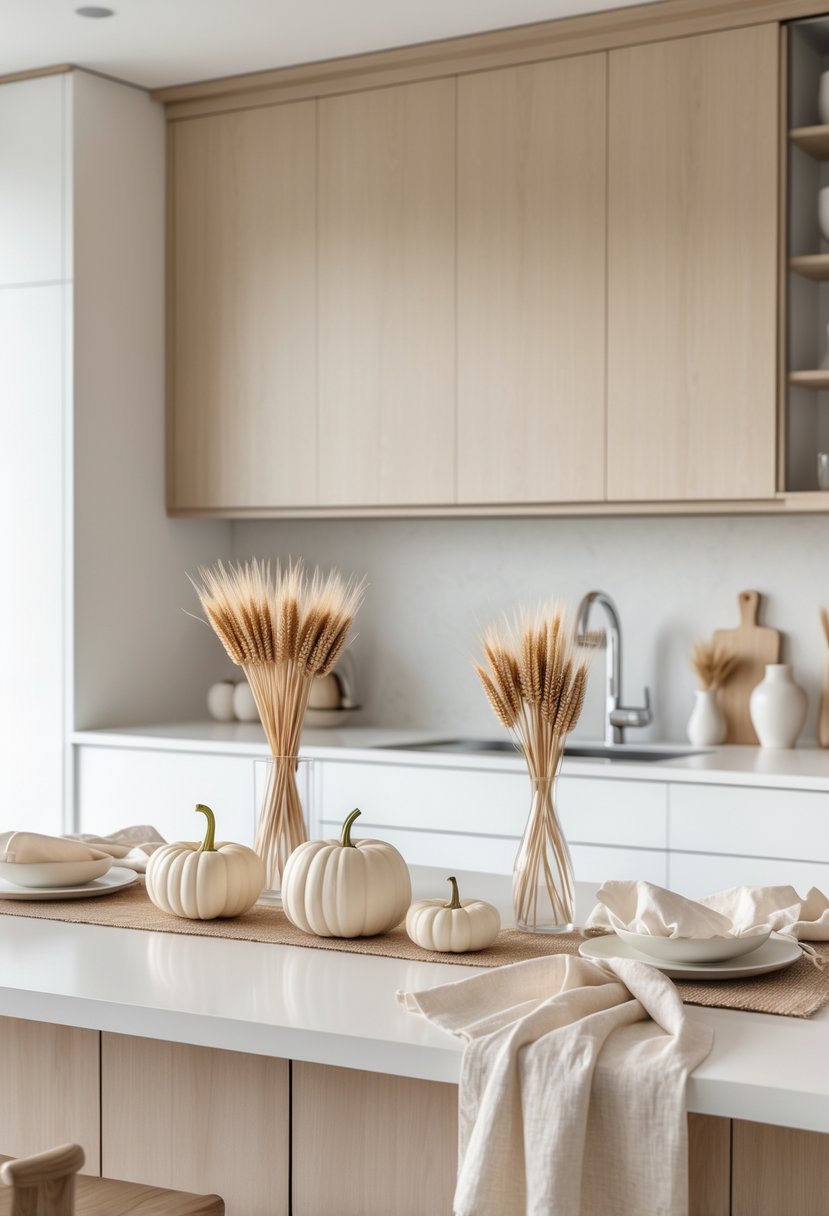 A clean and tidy kitchen with neutral Thanksgiving decorations including small pumpkins and dried wheat stalks on the countertop.