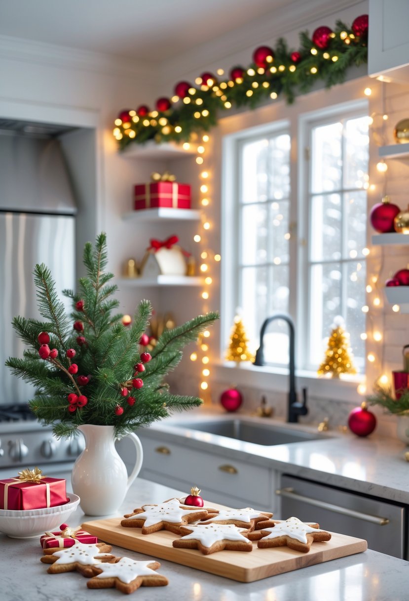 A modern kitchen decorated with pine garlands, ornaments, fairy lights, and gingerbread cookies, with natural light coming through the window.