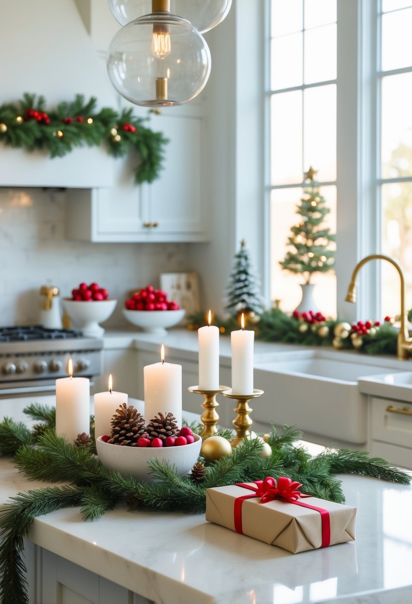 A modern kitchen counter and island decorated with Christmas garlands, ornaments, candles, pinecones, and wrapped gifts.