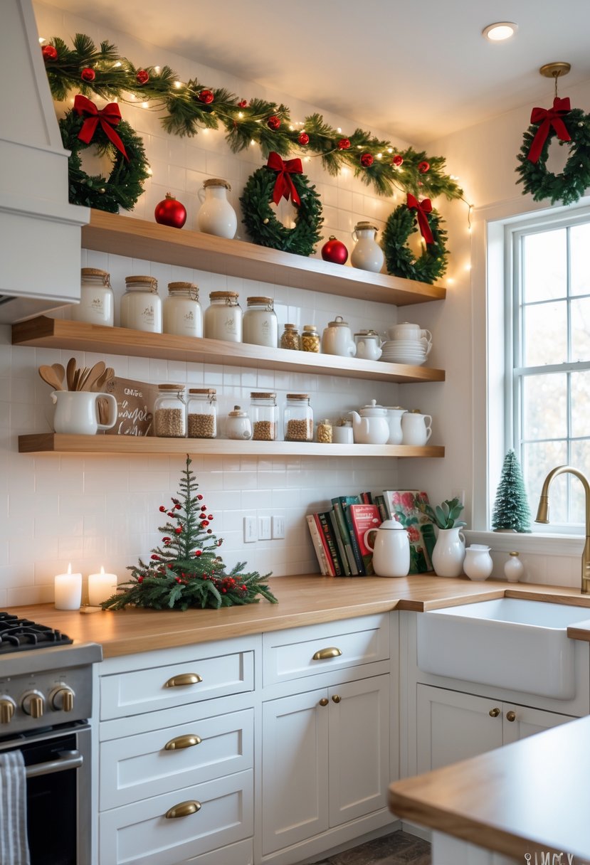 A modern kitchen with white cabinets and wooden shelves decorated with Christmas wreaths, pine garlands, red and gold ornaments, and fairy lights.