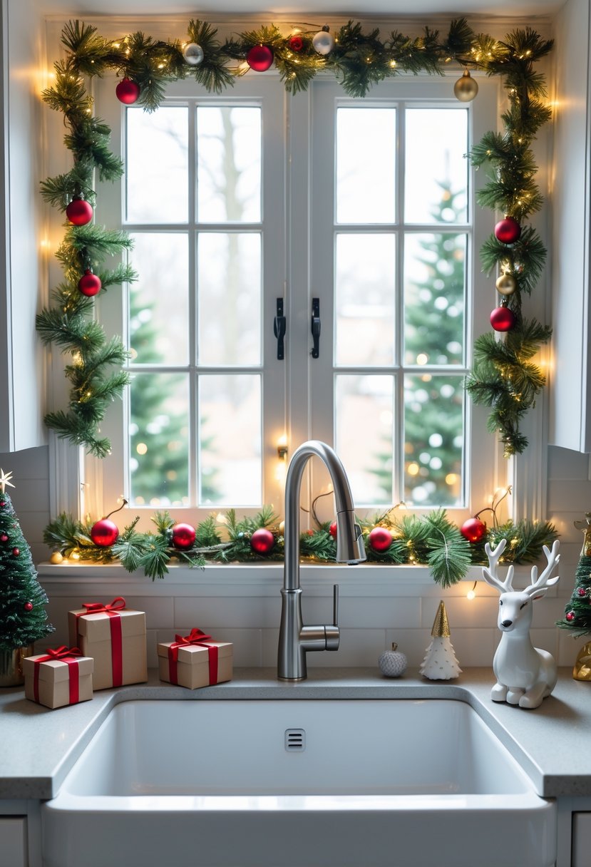 A kitchen window and sink area decorated with pine garlands, red and gold ornaments, fairy lights, and small holiday figurines.