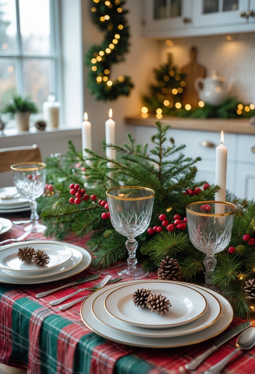 A kitchen table set for Christmas with festive linens, white plates, silver cutlery, wine glasses, and a centerpiece of pine branches, berries, and candles.