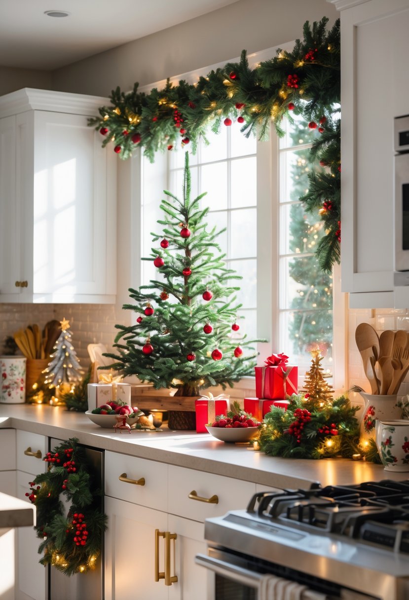 A modern kitchen decorated with Christmas ornaments, garlands, string lights, and a small Christmas tree, creating a warm and festive atmosphere.