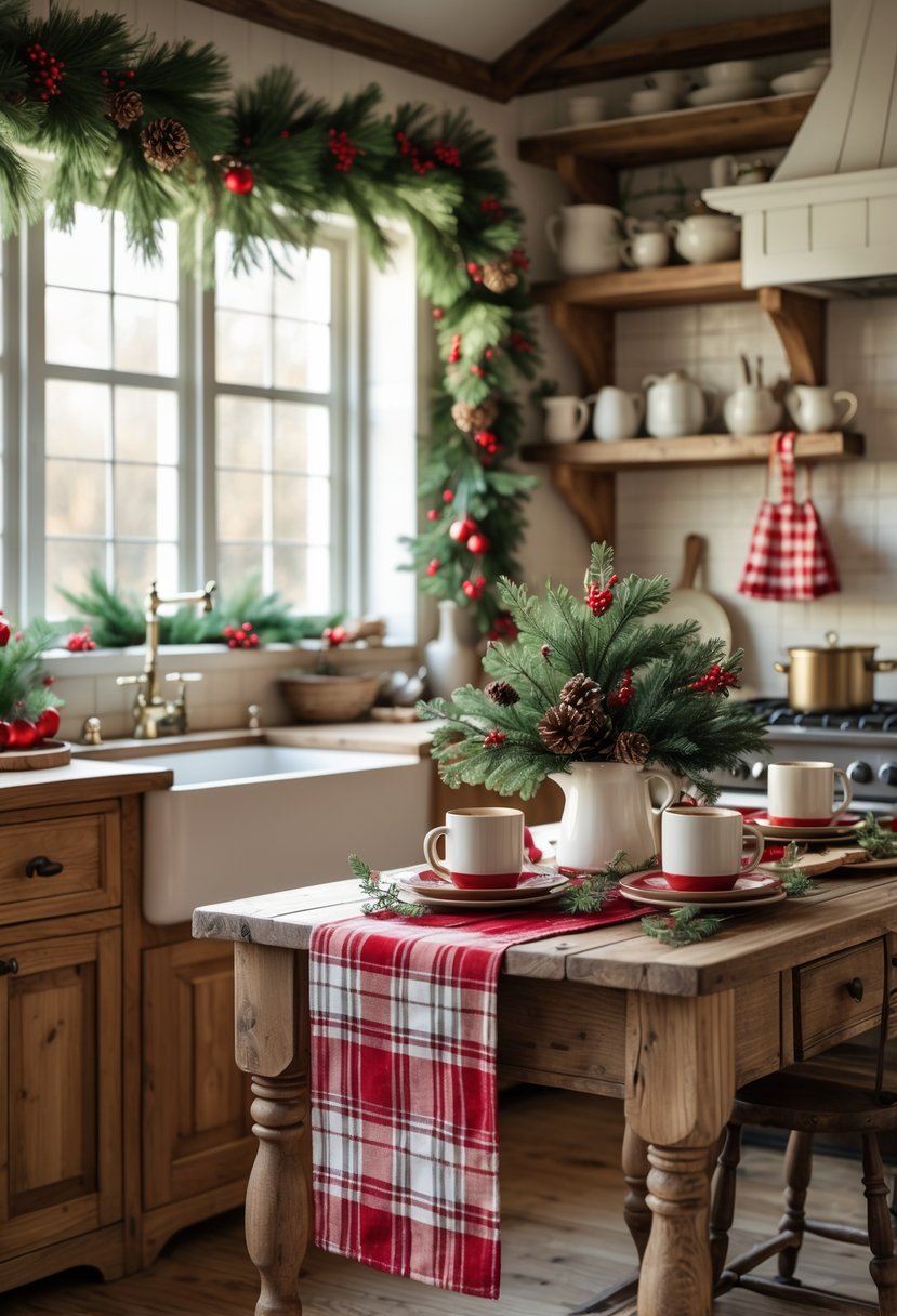 A cozy farmhouse kitchen decorated for Christmas with wooden cabinets, a farmhouse sink, holiday garlands, a table set with mugs and evergreen centerpiece, and soft natural light coming through a window.