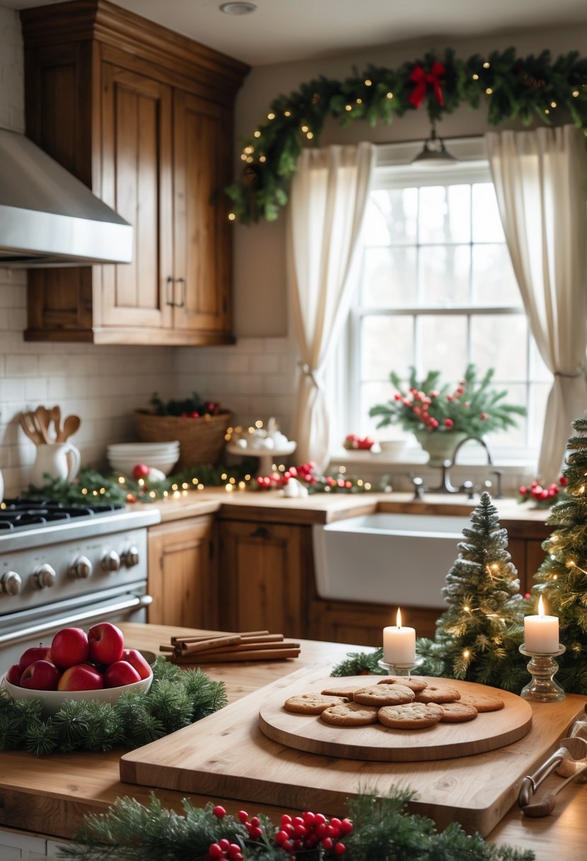 A cozy farmhouse kitchen decorated for Christmas with pine garlands, red berries, cinnamon sticks, candles, gingerbread cookies, and a festive table setting.