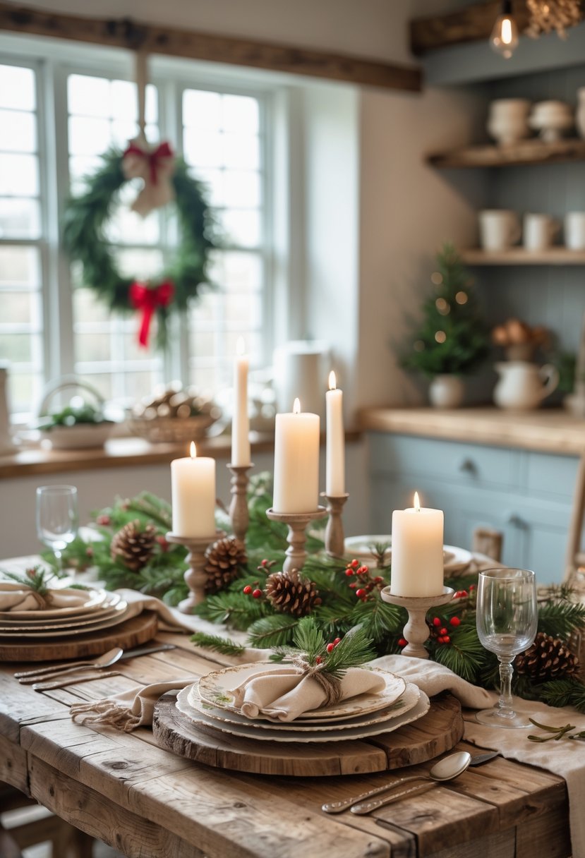 A farmhouse kitchen dining table set for Christmas with rustic wooden tableware, pine branch centerpiece, candles, and festive decorations.