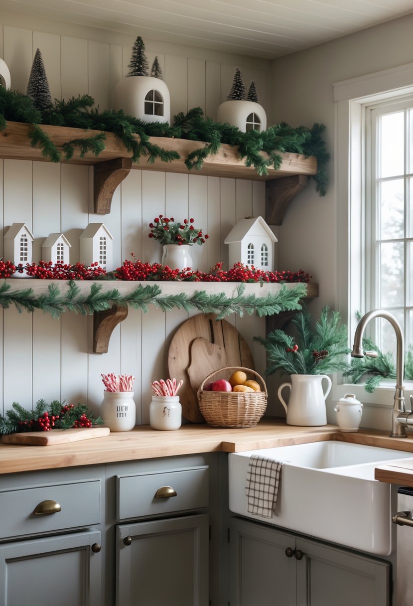A cozy farmhouse kitchen decorated for Christmas with wooden open shelves displaying festive holiday decorations and rustic kitchen items.
