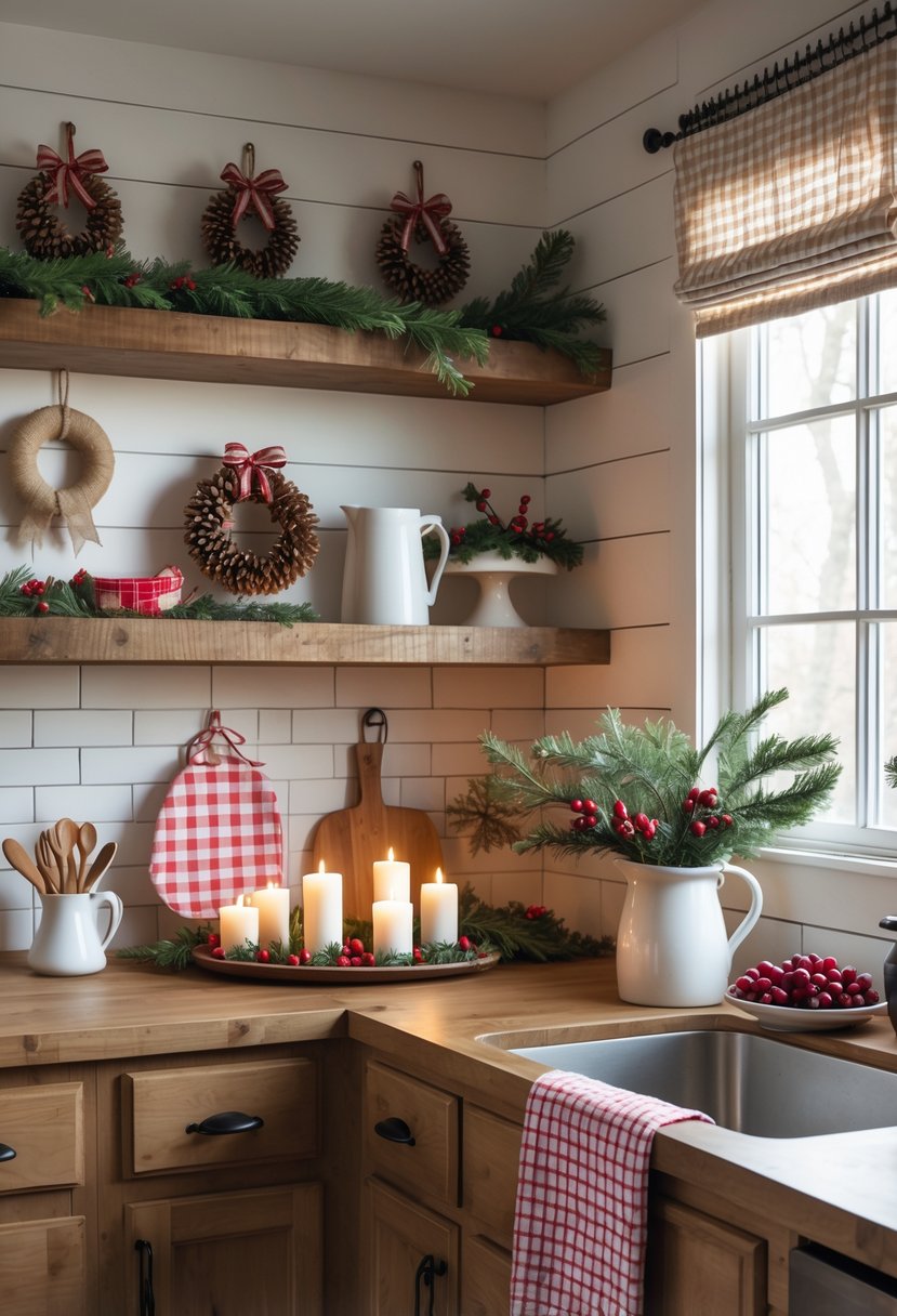 A cozy farmhouse kitchen decorated with simple Christmas decorations including pinecones, greenery, candles, and cinnamon sticks on wooden shelves and countertop.