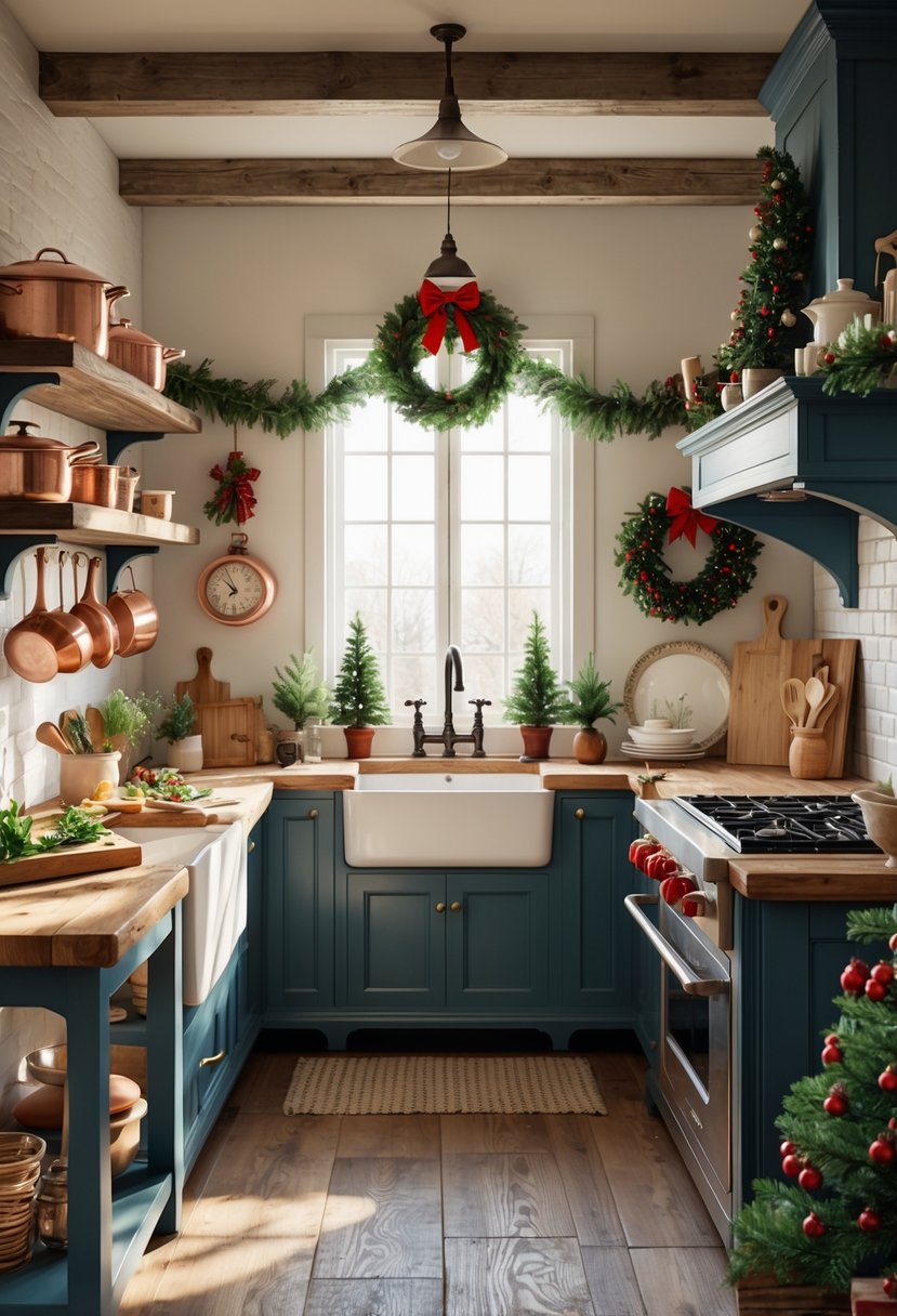 A farmhouse kitchen decorated for Christmas with wooden countertops, a central island stove, copper pots, and festive holiday decorations.