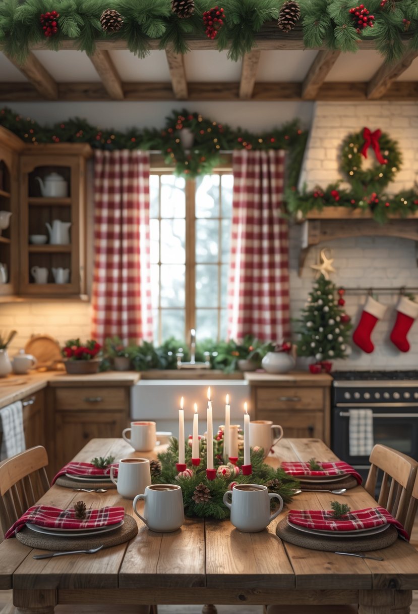 A cozy farmhouse kitchen decorated for Christmas with rustic wooden cabinets, a wooden table set with mugs and candles, greenery garlands, and a small Christmas tree near a brick fireplace.