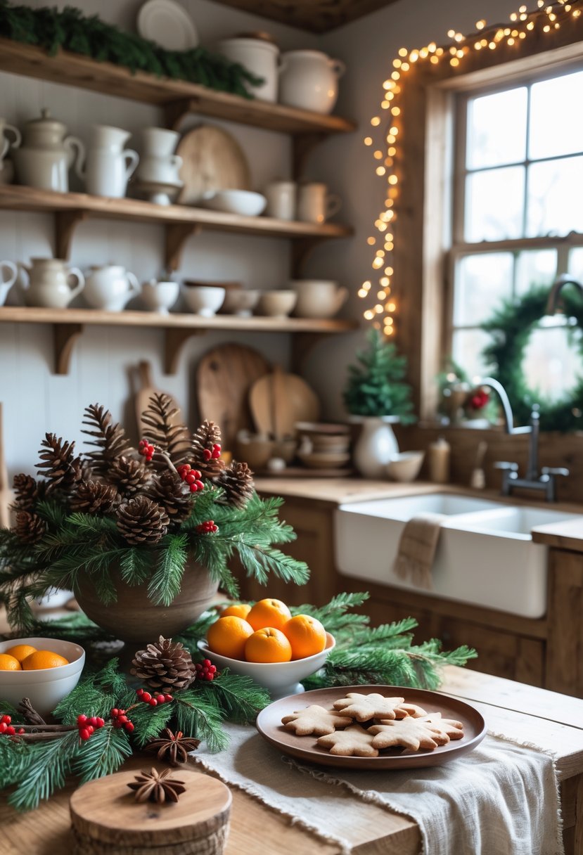 A cozy kitchen decorated for Christmas with wooden furniture, greenery, pinecones, cinnamon sticks, and festive lights.