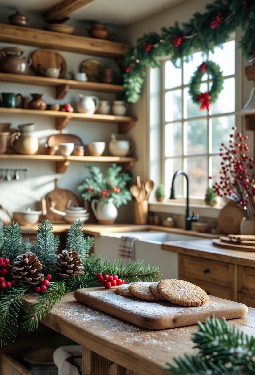A cozy kitchen decorated for Christmas with wooden cabinets, pine cones, evergreen garlands, red berries, and gingerbread cookies on the counter.