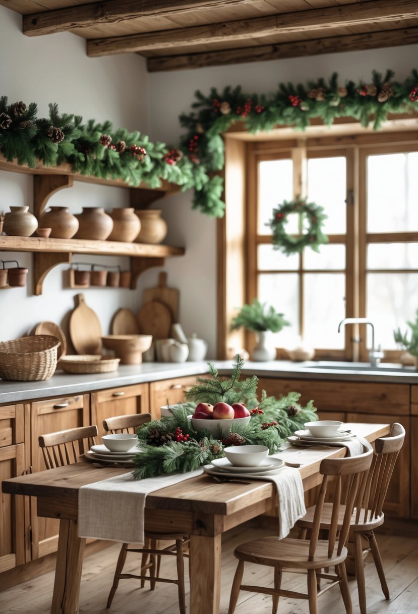 A rustic kitchen decorated for Christmas with pine garlands, a wooden dining table set with white dishes, and natural holiday decorations like eucalyptus, cinnamon sticks, and dried oranges.