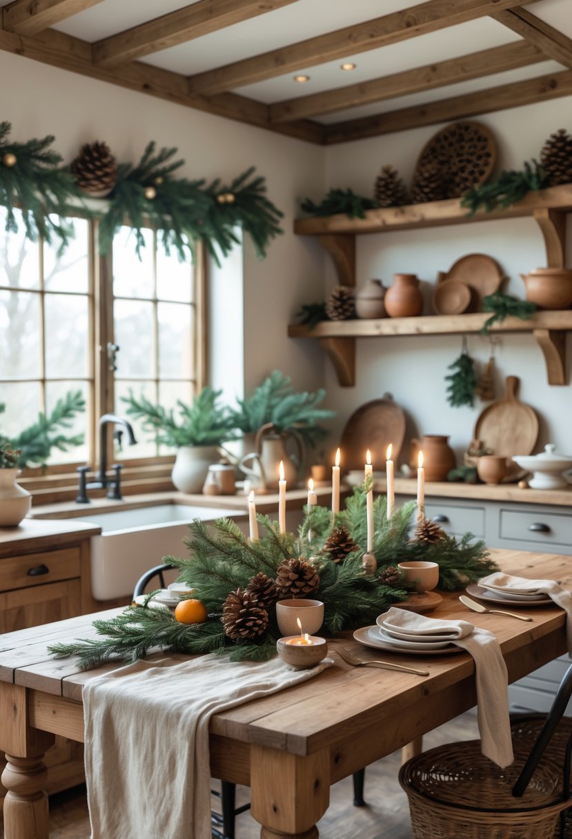 A farmhouse kitchen decorated for Christmas with wooden cabinets, a wooden dining table set with dishes and greenery, and natural holiday decorations.