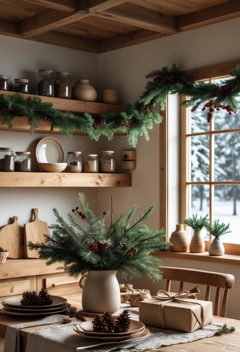 A rustic kitchen decorated for Christmas with wooden shelves, pine garlands, a wooden table set with natural decorations, and a snowy view outside the window.