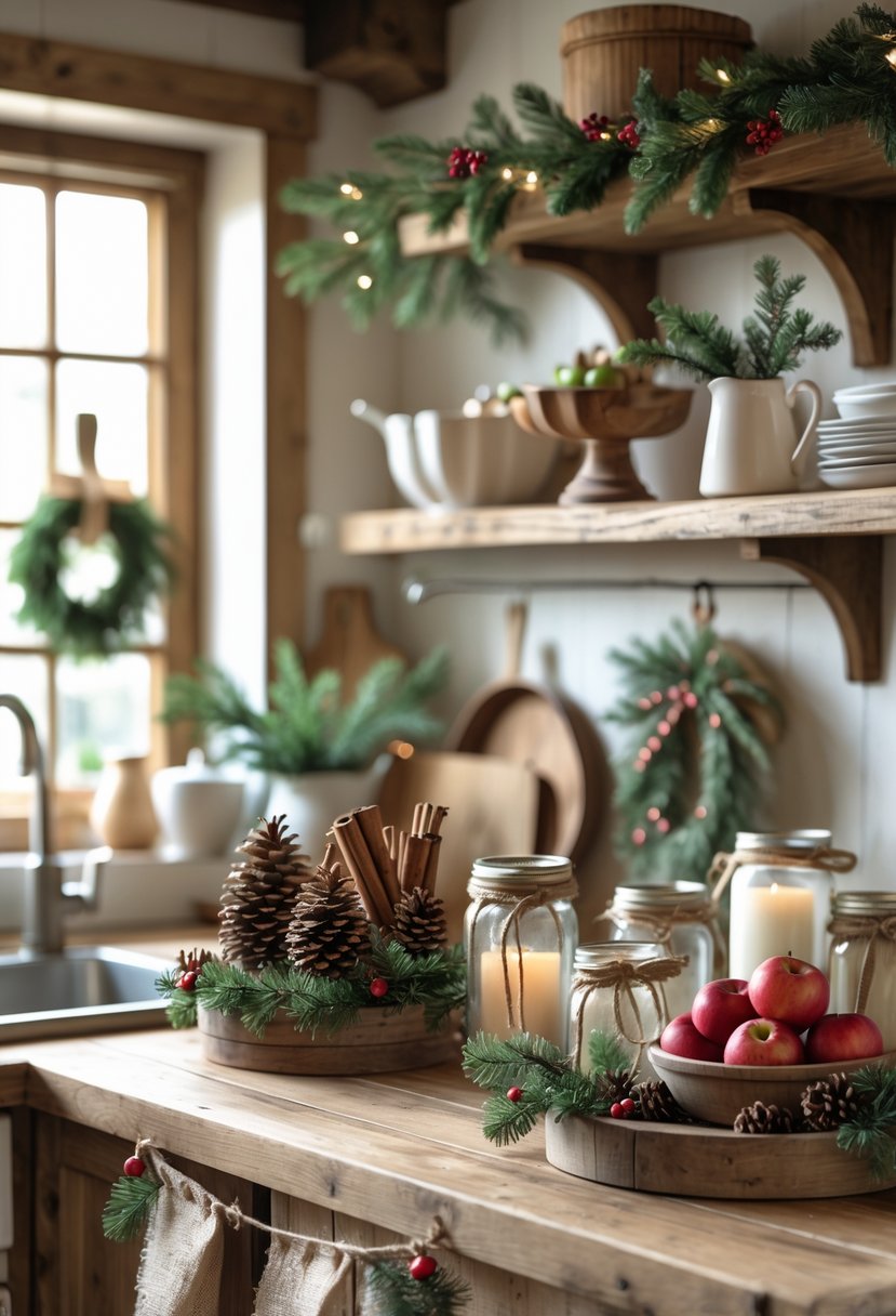 A rustic kitchen countertop decorated with natural Christmas decorations like pinecones, cinnamon sticks, evergreen branches, dried orange slices, and candles.