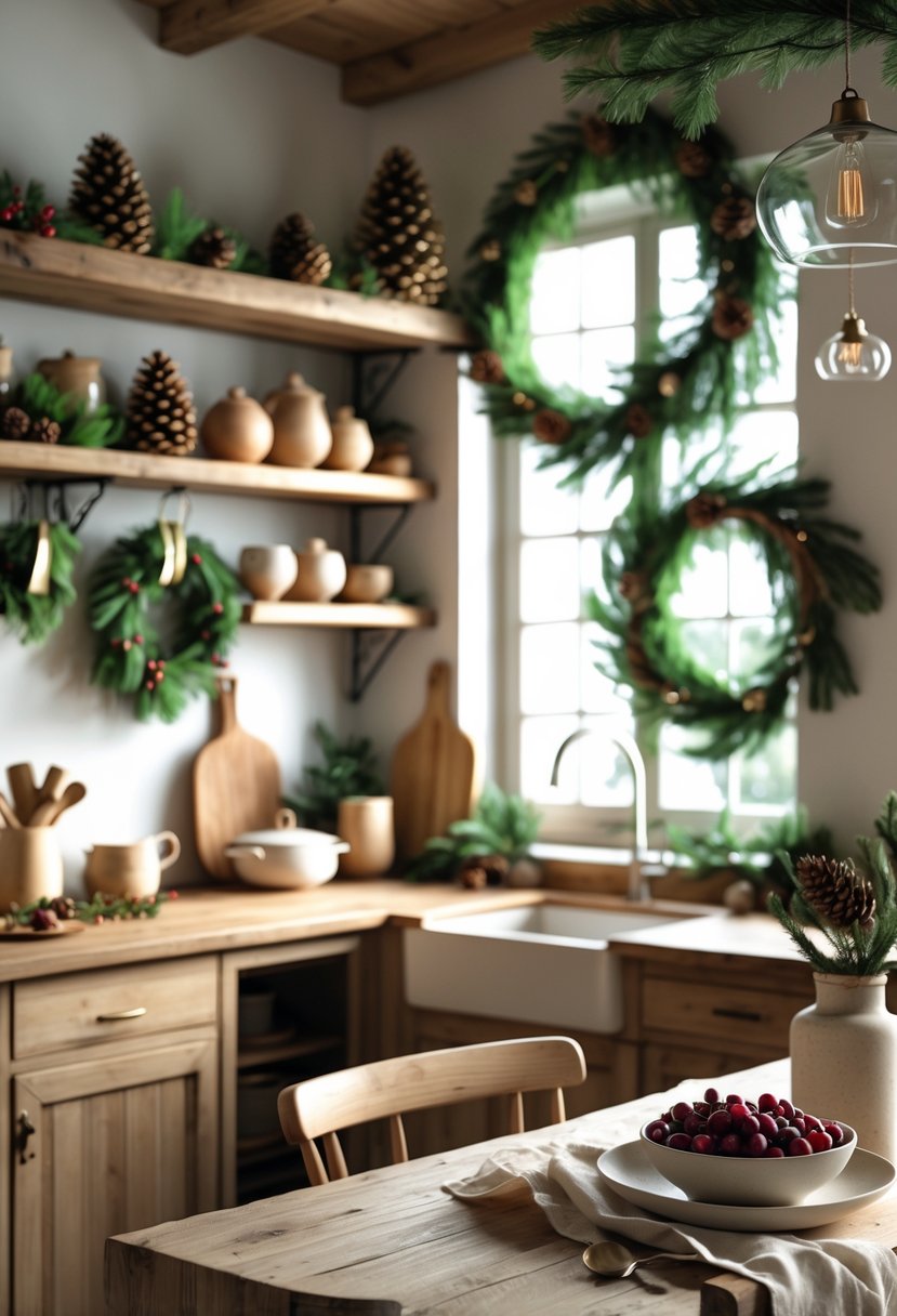 A rustic kitchen decorated for Christmas with wooden surfaces, greenery, pine cones, and natural holiday decorations creating a warm and inviting scene.
