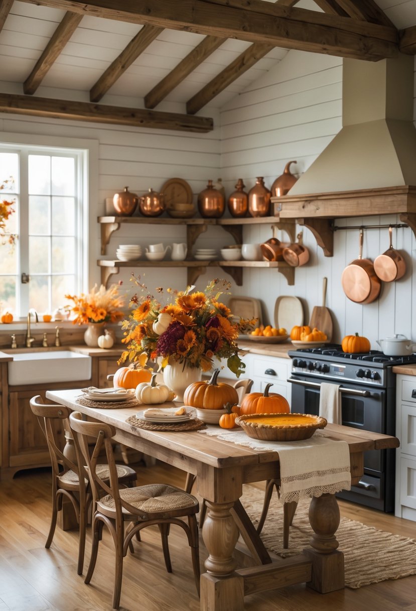 A farmhouse kitchen decorated for Thanksgiving with a wooden table set with pumpkins, fall leaves, flowers, pumpkin pie, and bread, illuminated by natural light from large windows.