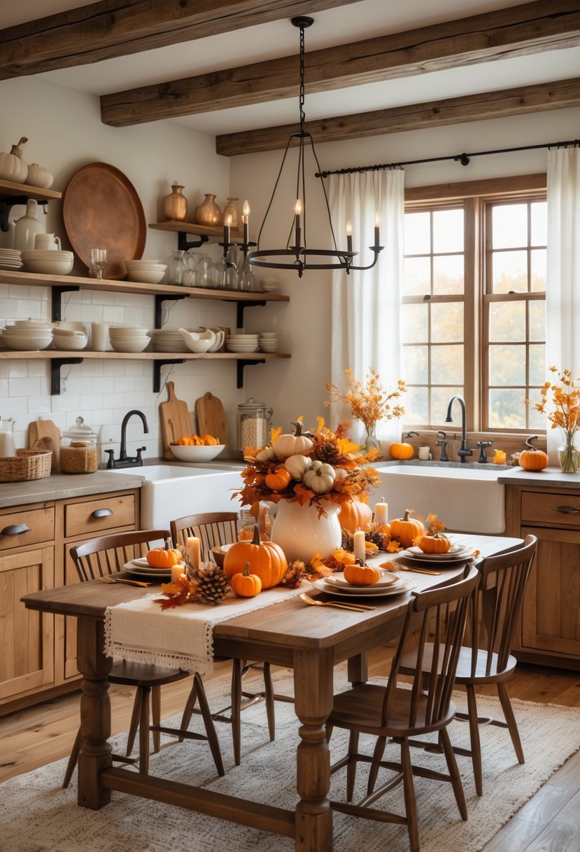 A farmhouse kitchen decorated for Thanksgiving with a wooden dining table featuring pumpkins, autumn leaves, candles, a pumpkin pie, and a roasted turkey, surrounded by rustic cabinetry and natural light.