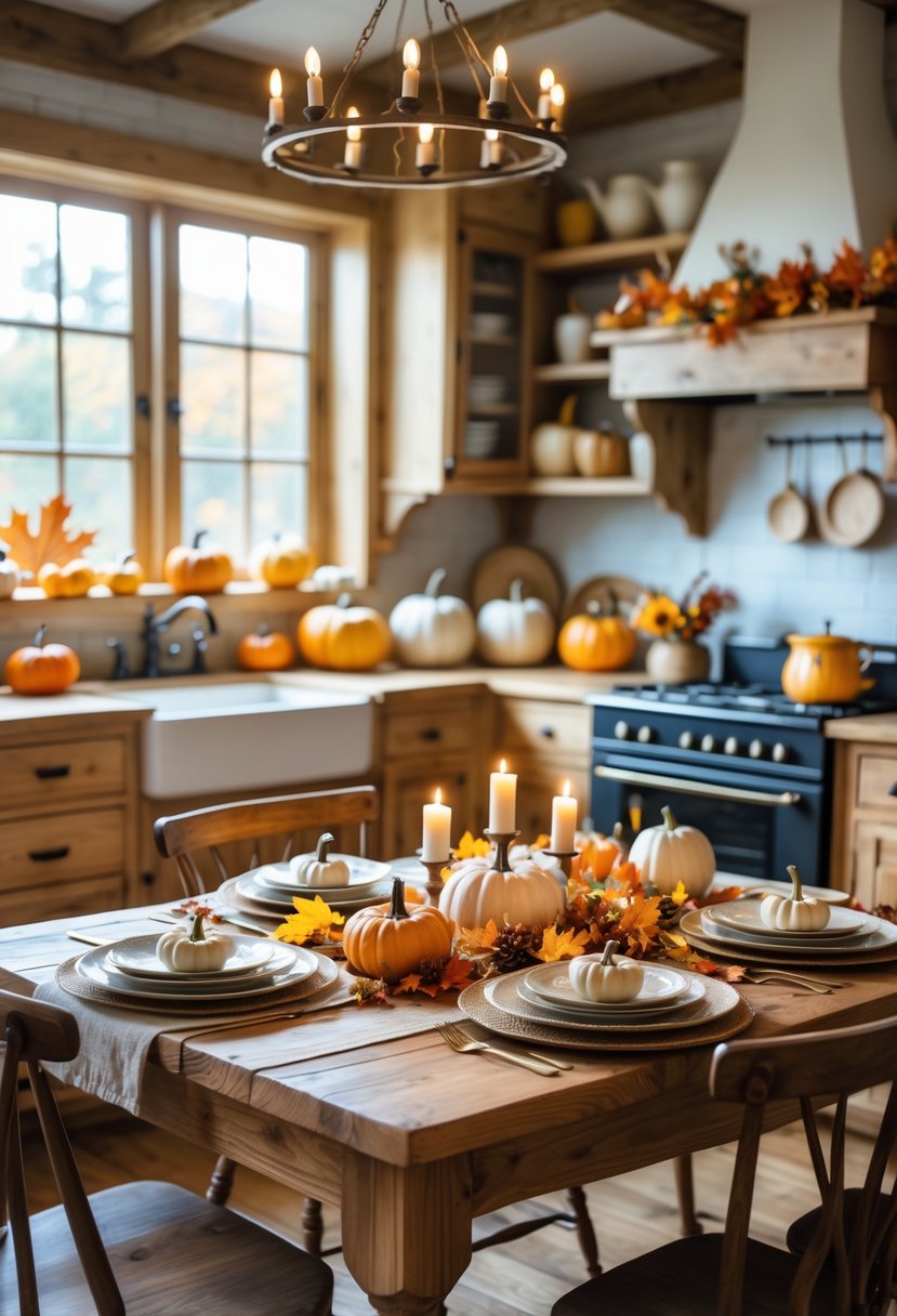 A farmhouse kitchen decorated for Thanksgiving with pumpkins, fall leaves, and a set wooden table ready for a holiday meal.