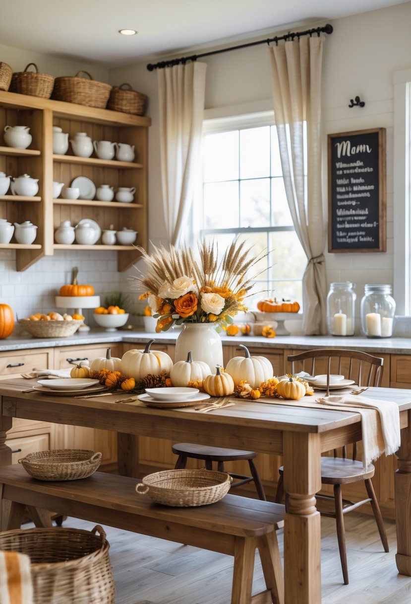 A bright kitchen with wooden cabinets and a large table decorated with pumpkins, fall flowers, and autumn-themed tableware.