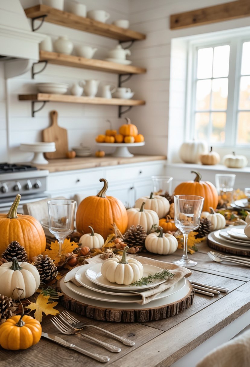 A Thanksgiving table set with autumn decorations and dinnerware in a bright farmhouse kitchen with wooden shelves and large windows.