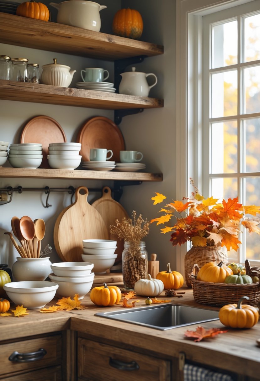 A farmhouse kitchen countertop with kitchen accessories and autumn decorations arranged for Thanksgiving.