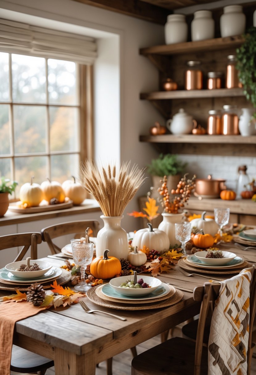 A cozy farmhouse kitchen with a rustic wooden table set for Thanksgiving, decorated with pumpkins, fall leaves, and seasonal accents.