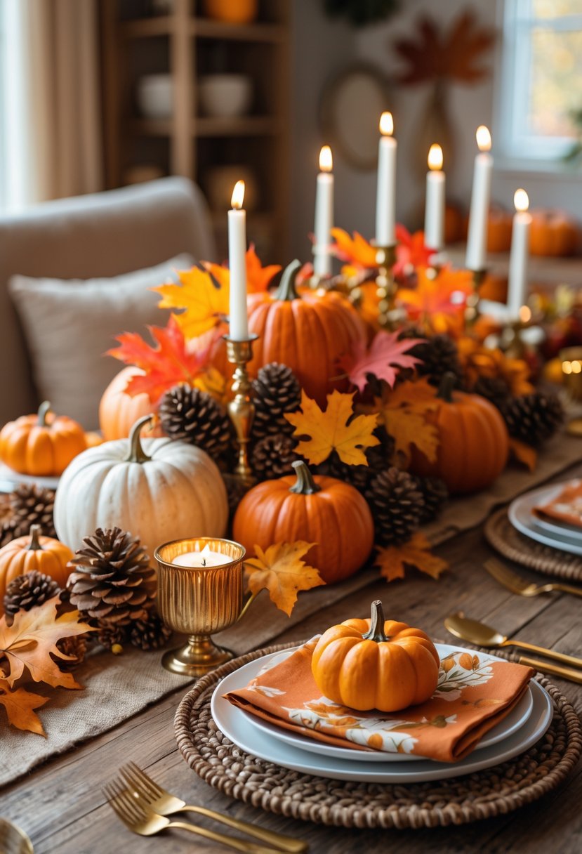 A wooden table decorated with pumpkins, autumn leaves, pinecones, and candles for Thanksgiving.