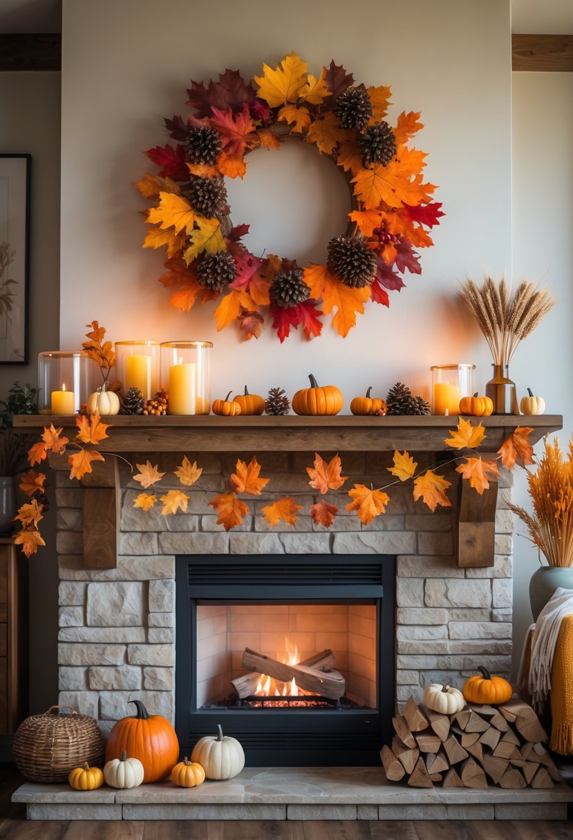 A living room fireplace mantel decorated with pumpkins, autumn leaves, candles, and a wreath, with a warm fire burning in the hearth.