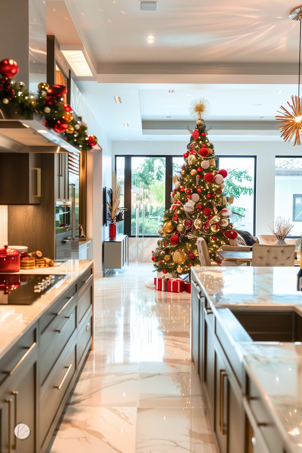 Modern luxury kitchen decorated for Christmas with sleek gray cabinetry, marble countertops, and glossy floors. A large Christmas tree with red and gold ornaments stands in the open living space beyond the kitchen. Warm lighting, garland accents, and wrapped gifts create an elegant holiday kitchen and dining area.