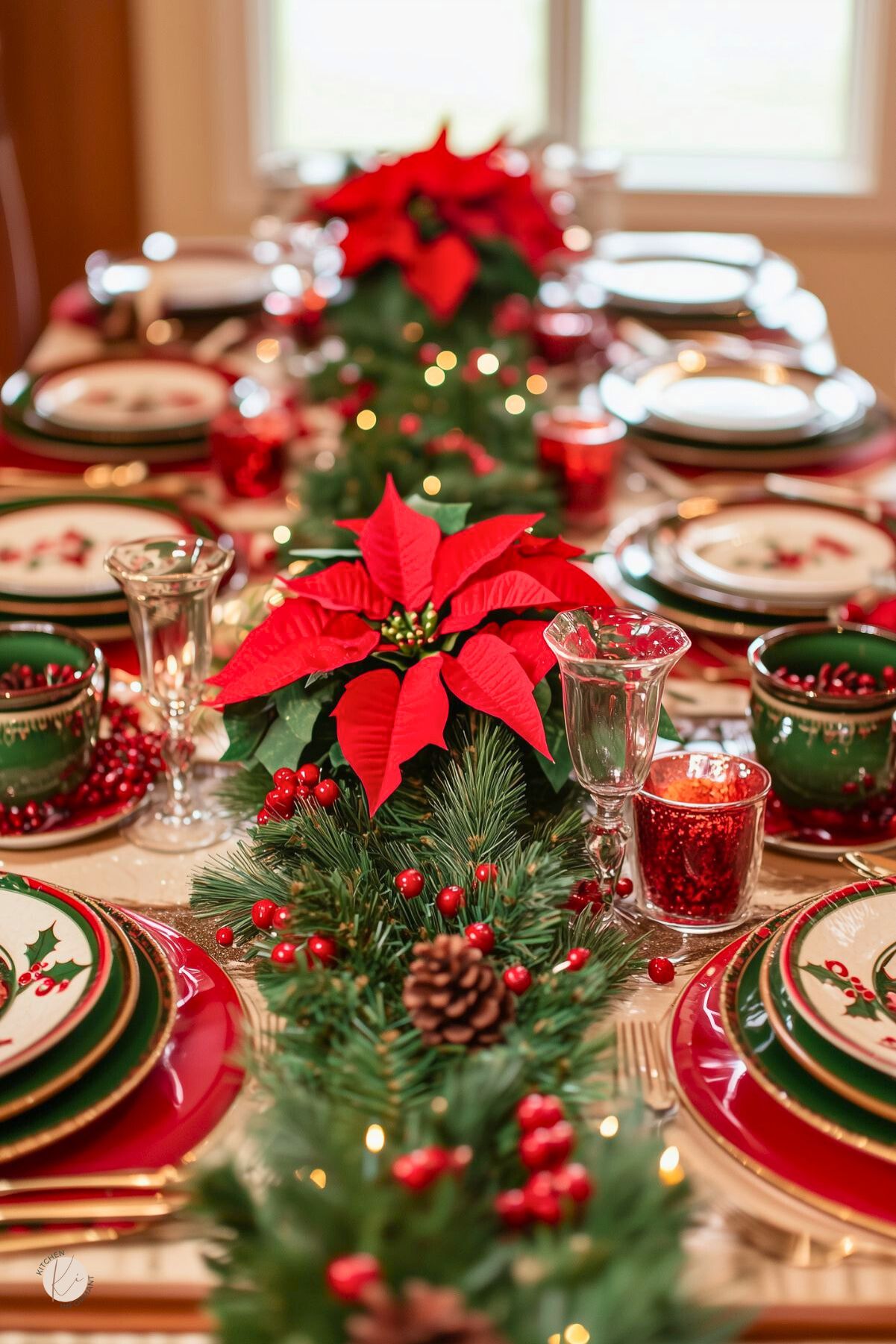 Festive Christmas dining table set with red and green holiday plates, clear glassware, and gold flatware. A lush garland runner with pinecones, red berries, and twinkle lights runs down the center, topped with bright red poinsettia centerpieces. Warm, traditional holiday table decor fills the room.