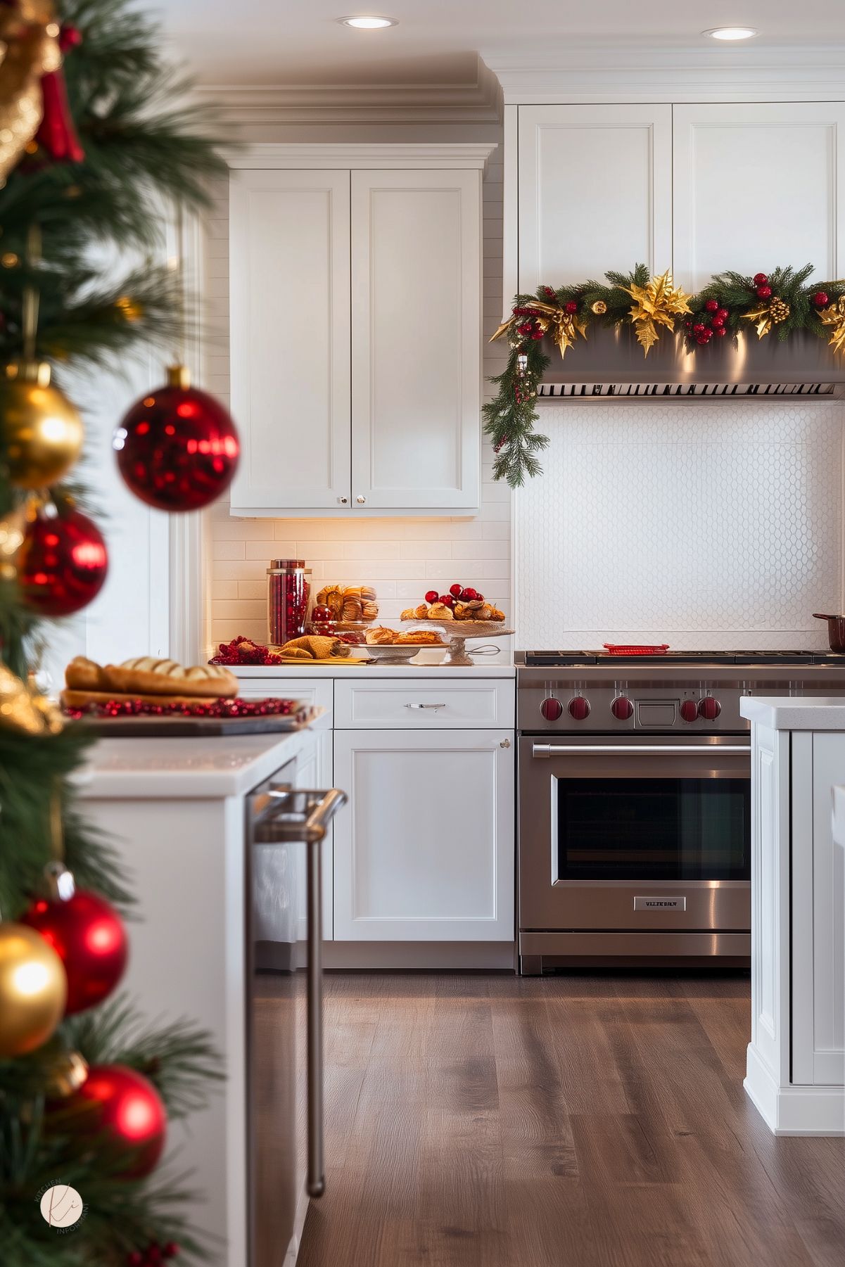 Bright white kitchen decorated for Christmas with red and gold ornaments, garland with gold poinsettias above the range, and a softly lit holiday tree in the foreground. White cabinets, stainless steel range, and a clean backsplash frame trays of baked goods and festive accents for a warm, classic Christmas kitchen look.