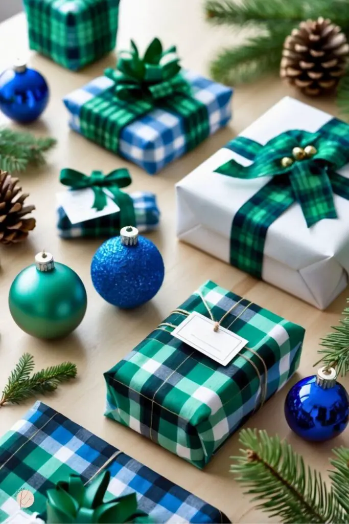 Preppy Blue and Green Christmas presents surrounded by blue and green christmas ornaments. 
