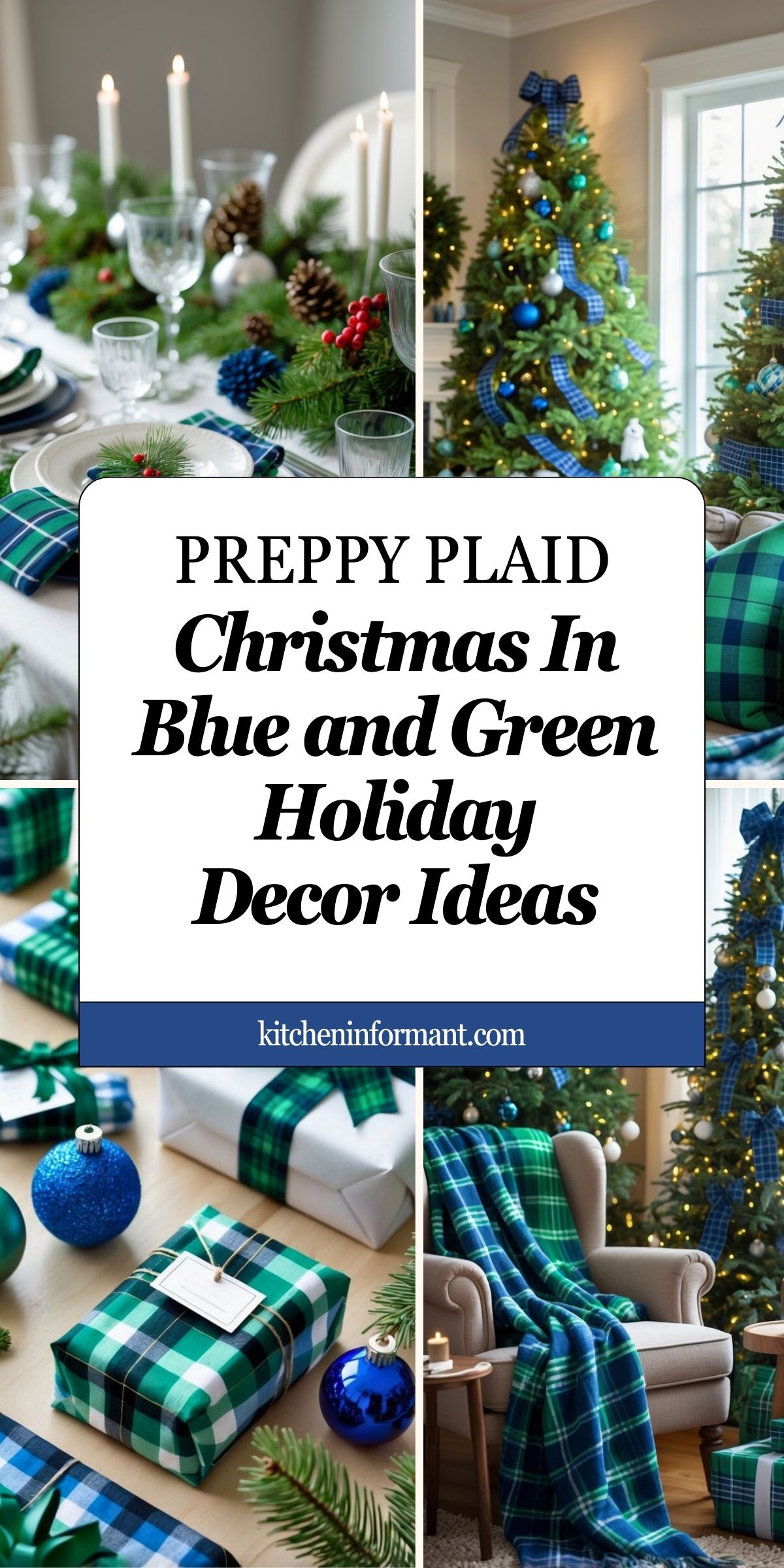 Preppy Plaid Christmas In Blue and Green Holiday Decor Ideas graphic.