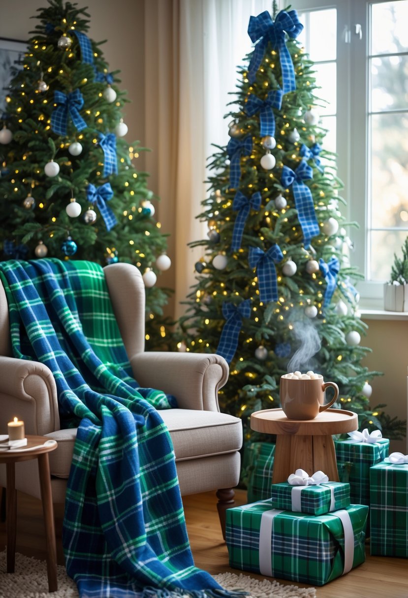 A cozy living room decorated for Christmas with a tree, plaid ribbons and ornaments in blue and green, a chair with a plaid blanket, and wrapped presents under the tree.