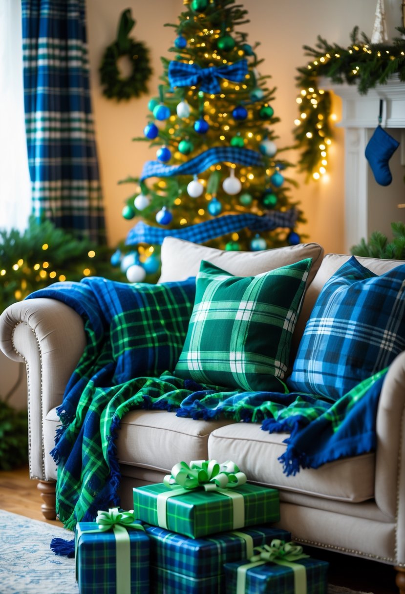 A cozy Christmas living room decorated with a tree, blue and green plaid blankets and pillows, and wrapped presents under the tree.