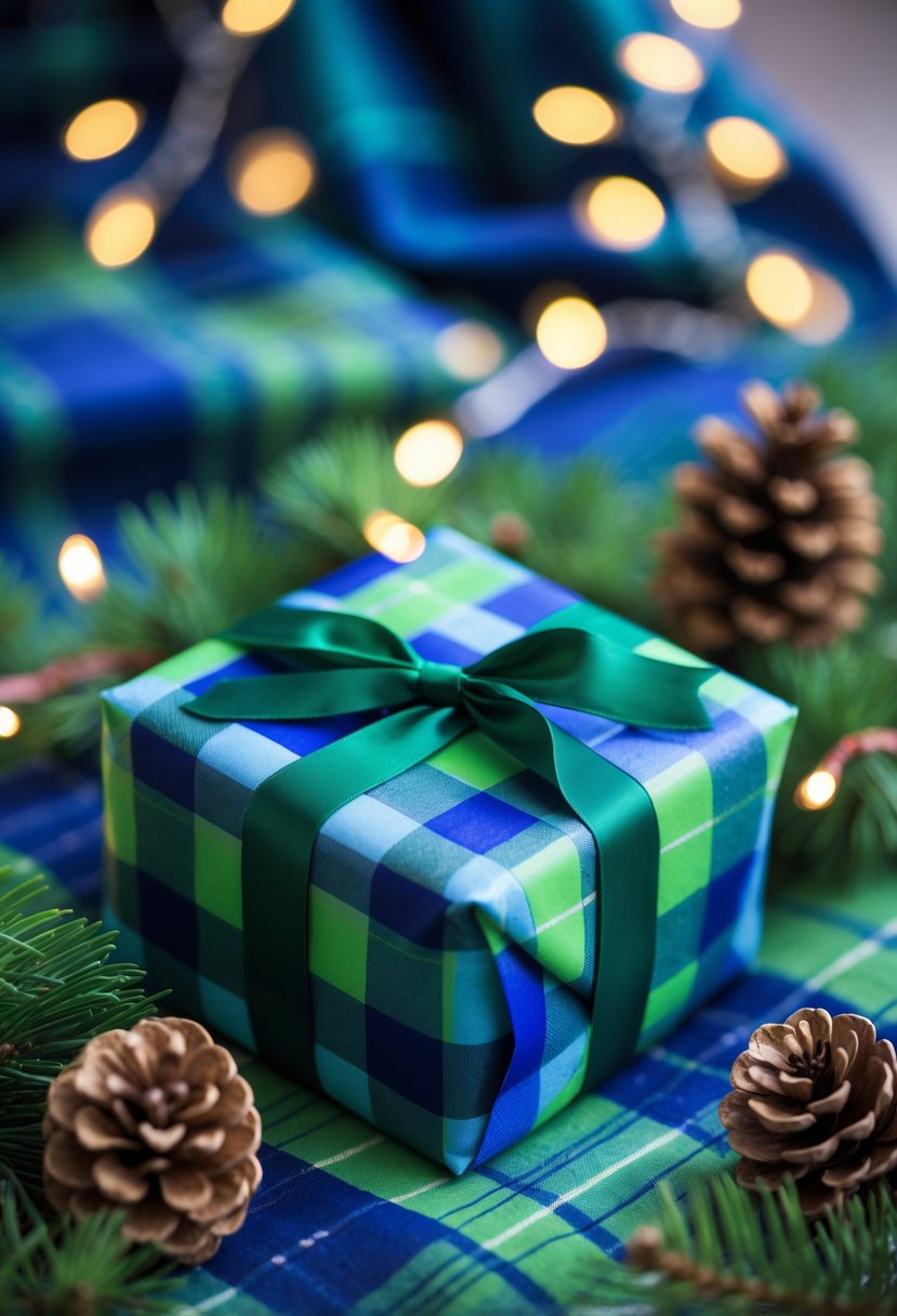 A wrapped gift box with blue and green plaid paper surrounded by pine branches, pinecones, and fairy lights on a softly blurred background.