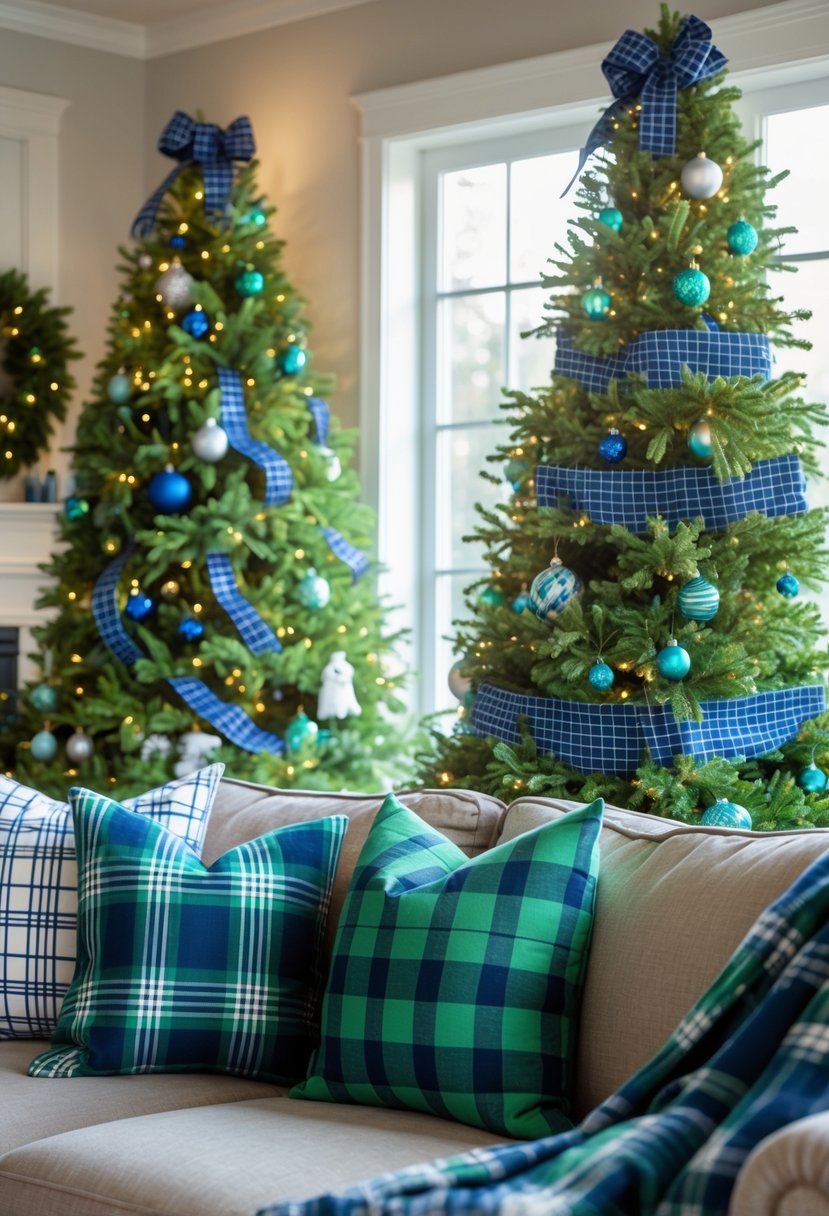 A living room decorated for Christmas with blue and green plaid ribbons on the tree, matching plaid pillows and blanket on the sofa, and festive holiday decorations.