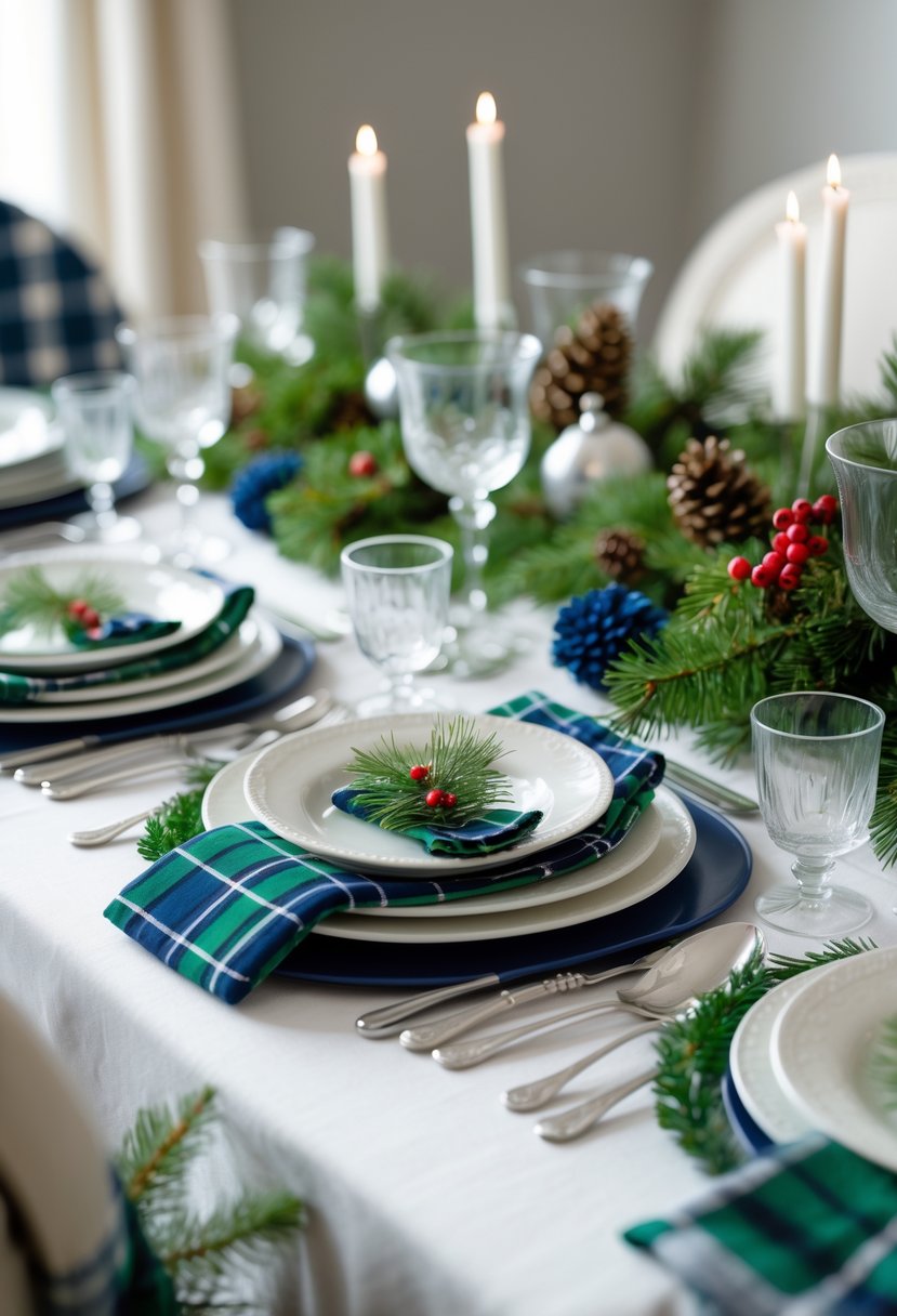 A Christmas table set with blue and green plaid napkins, white plates, silver cutlery, pine branches, pinecones, and red berries on a white tablecloth.