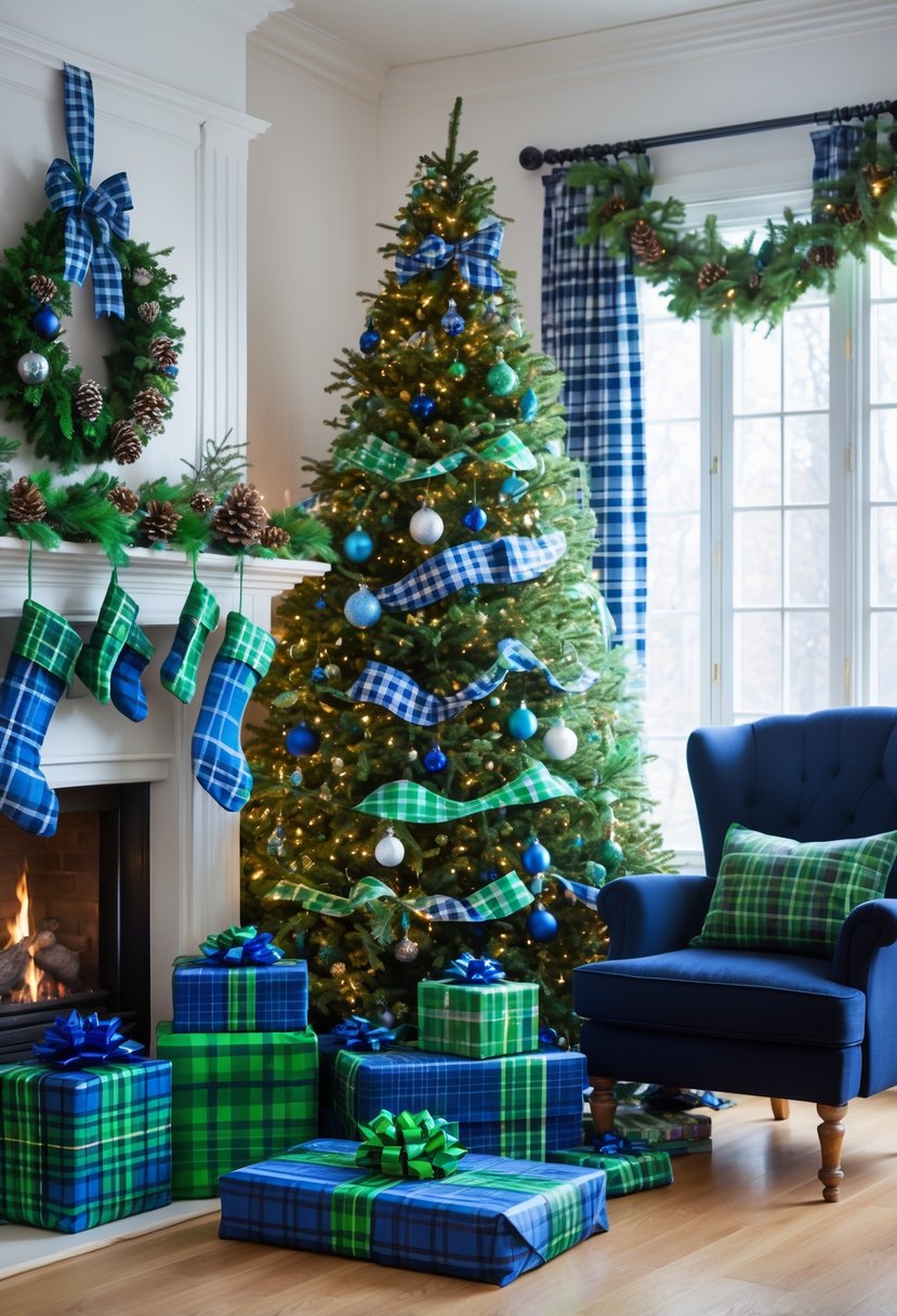 A living room decorated for Christmas with a tree, stockings, presents, and pillows featuring blue and green plaid patterns.