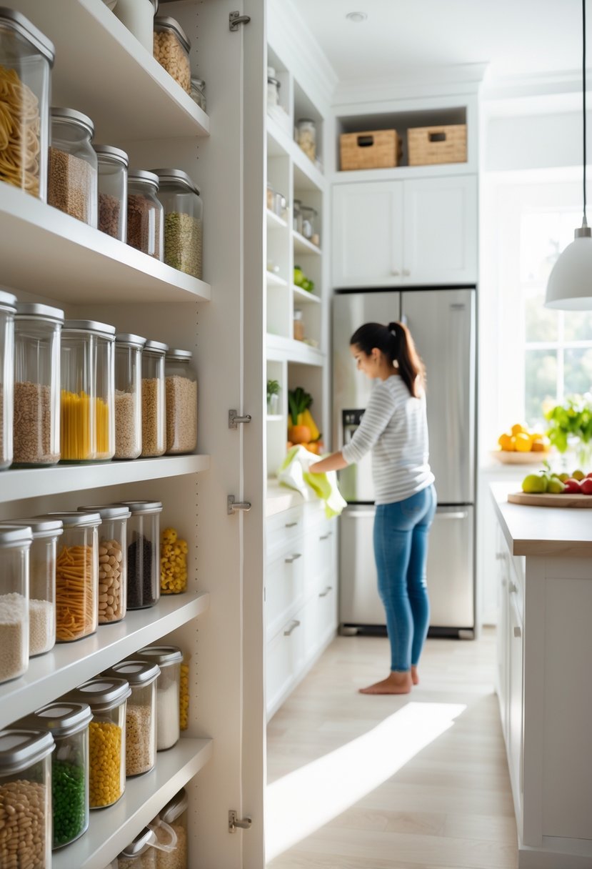A person cleaning and organizing a kitchen pantry with neatly arranged food containers and fresh produce visible in the background.