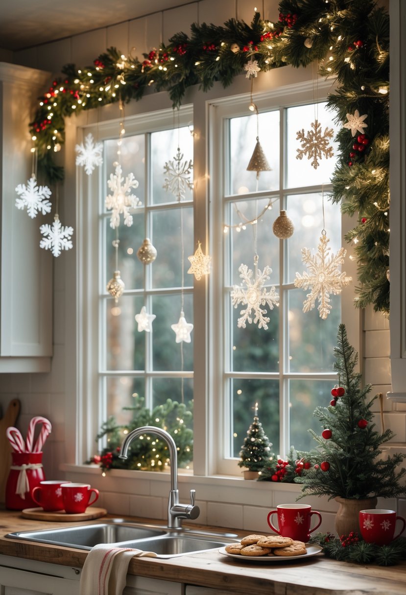 A cozy kitchen with a large window decorated with Christmas ornaments and fairy lights, walls adorned with holiday wreaths and garlands, and a wooden countertop with festive mugs and cookies.