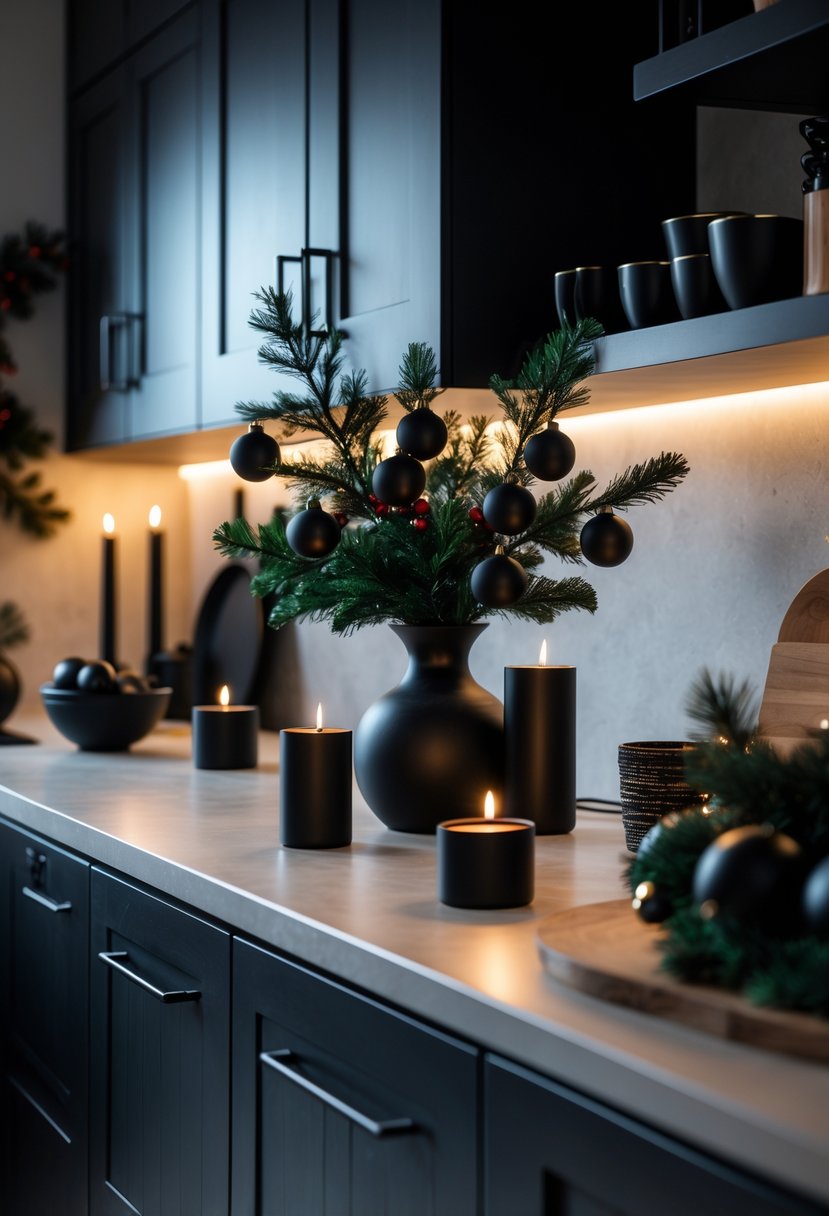 A modern kitchen decorated for Christmas with dark cabinetry, black ornaments, greenery, and candles on the countertop.